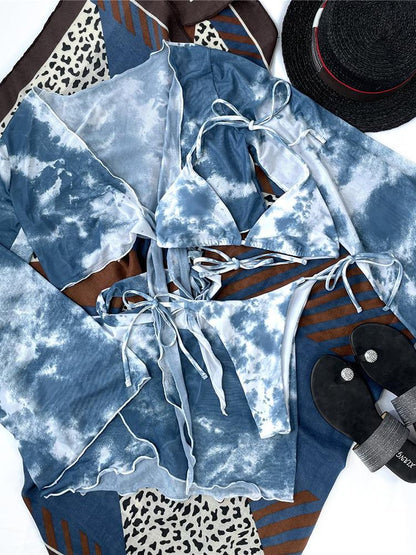 4PCS Tie Dye Print Tied Detail Frill Hem Bikini Set for Women