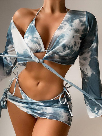4PCS Tie Dye Print Tied Detail Frill Hem Bikini Set for Women