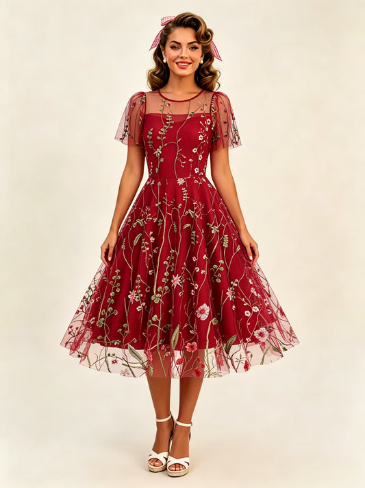 Vintage 1950s Floral Midi Dress For Women - Embroidery Mesh Short Flutter Sleeve A-Line Prom Dress - Summer Wedding Guest 2026