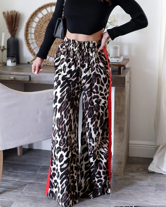 Leopard Print Panelled Wide-Leg Trousers