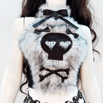 Bowknot fluffy halter skull pattern backless top  | Festival Outfits Women
