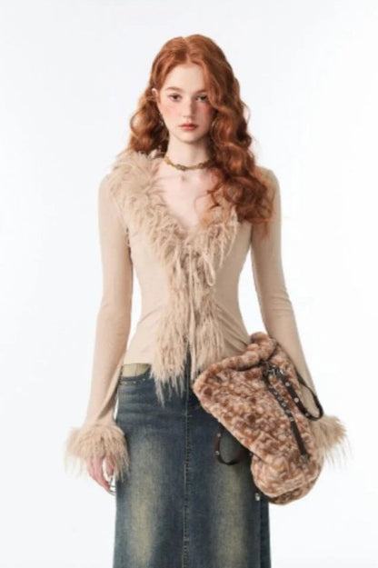 Lace Up V Neck Furry Plush Knit Top
