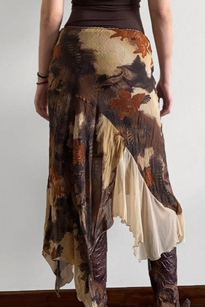 Floral Contrast Asymmetrical Mermaid Midi Skirt