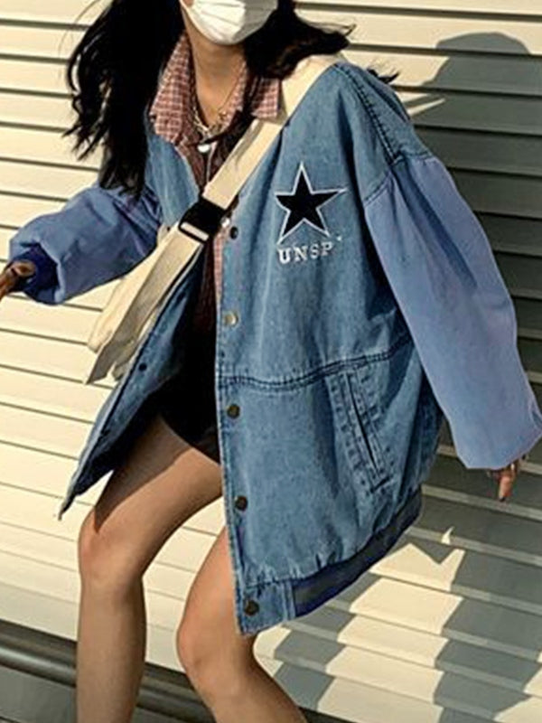 Denim Star Decor Preppy Jacket