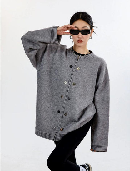 Ribbed Trim Oversized Button Zip Knit Cardigan