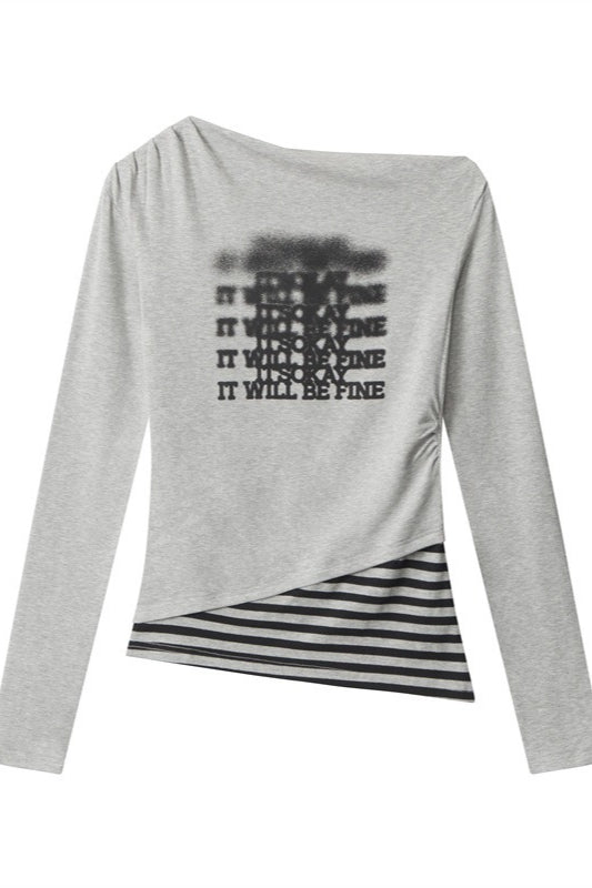 Virtual Patchwork Off Shoulder Asymmetric T-shirt