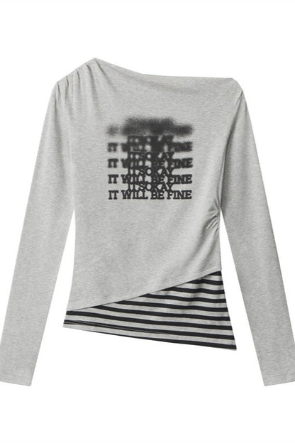 Virtual Patchwork Off Shoulder Asymmetric T-shirt