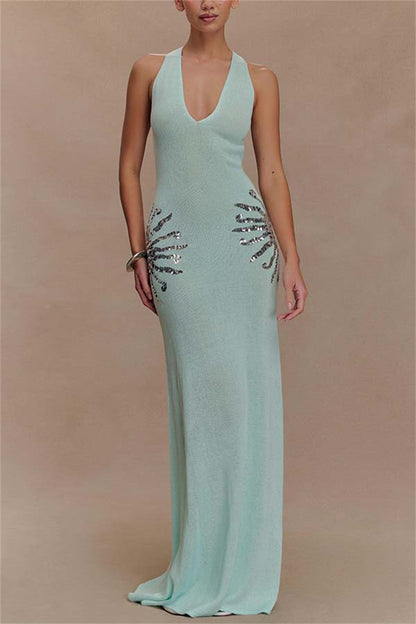 Sparkling Nights Knit Sunburst Sequin Detail Back Cross Straps Stretch Maxi Dress