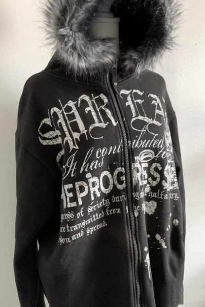 Vintage Black Goth Punk Fleece Lined Letter Zip Hoodie