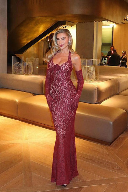 Lace Halter Neck Fitted Bodycon Maxi Dress
