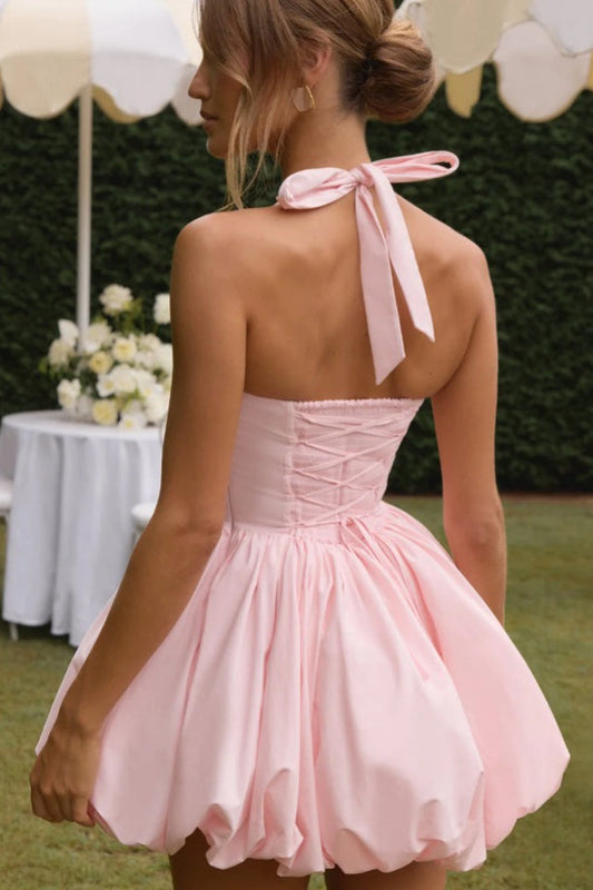 Elegant Halter Tie Bow Puffy Hem Mini Dress