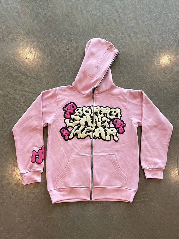 Contrast Color Letter Print Full Zip Oversized Hoodie