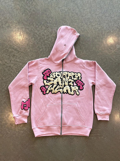 Contrast Color Letter Print Full Zip Oversized Hoodie