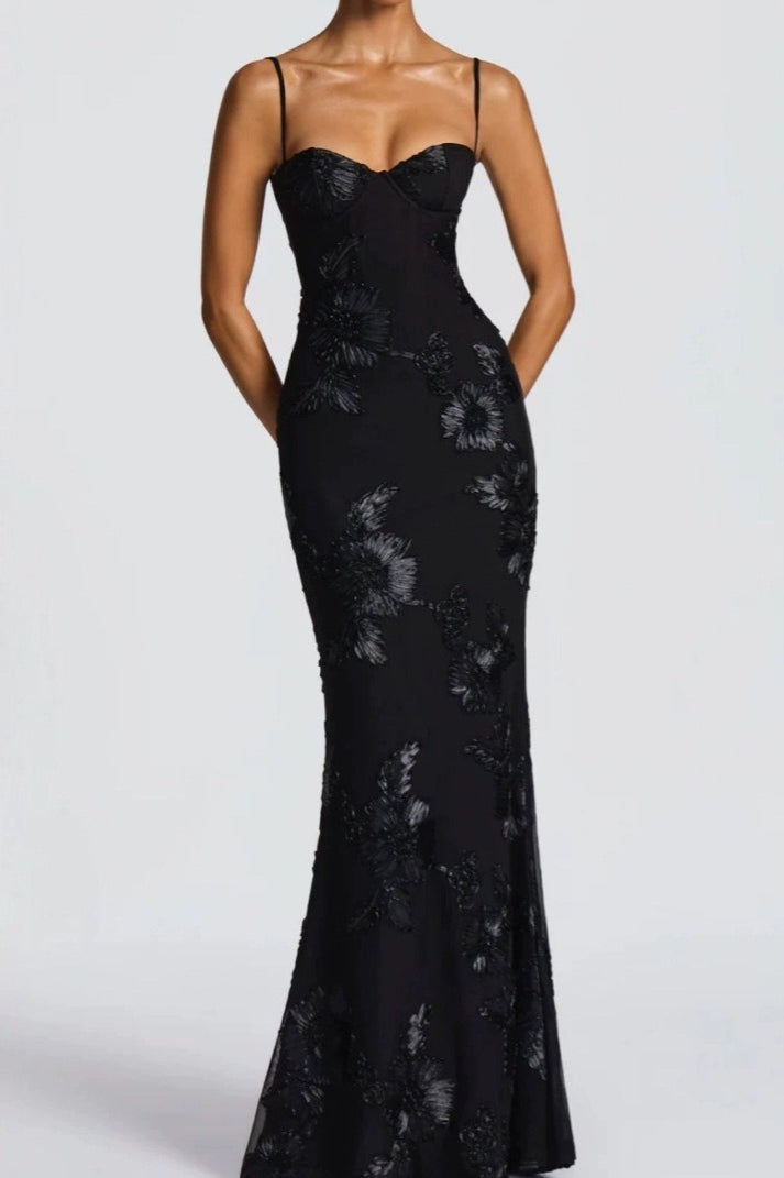Strapless Floral Embroidered Maxi Dress