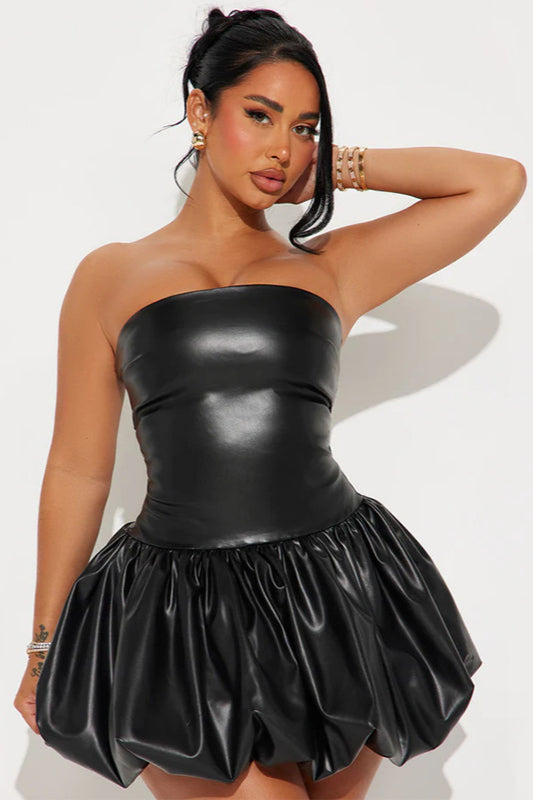 Off Shoulder PU Panel High Waist Mini Dress