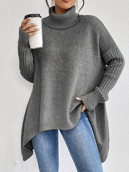 Jersey holgado de cuello alto con bajo asimétrico para mujer | Ideal para otoño/invierno