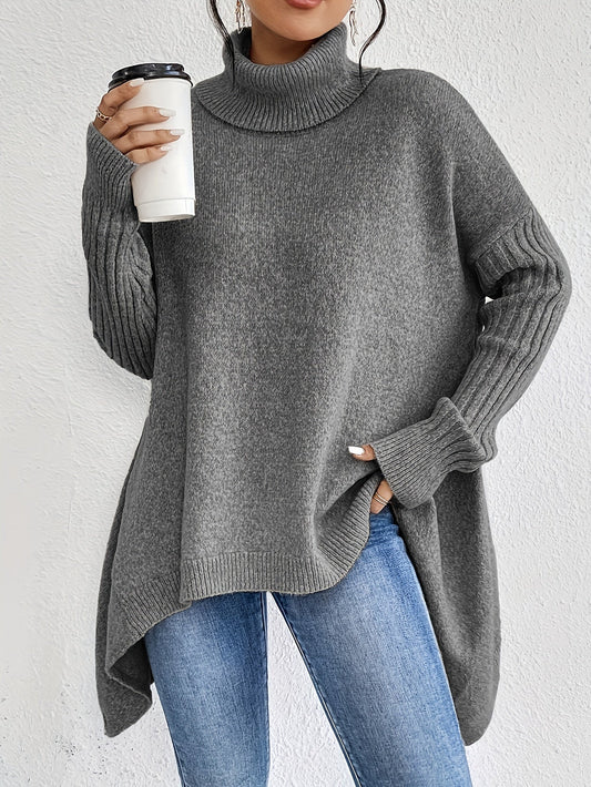 Jersey holgado de cuello alto con bajo asimétrico para mujer | Ideal para otoño/invierno
