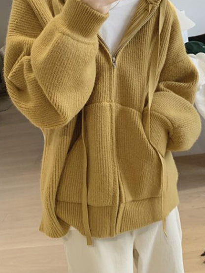 Solid Hooded Zip Up Knit Cardigan