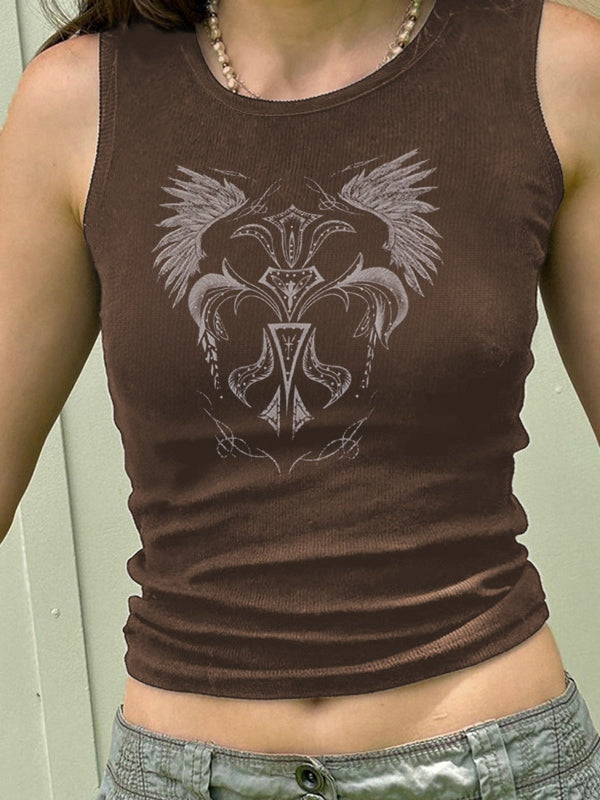 Vintage Wings Print Ribbed Cropped Tank Top