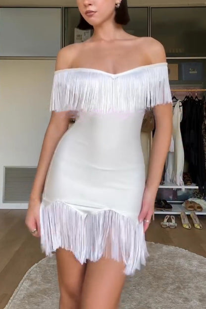 Solid Color V-neck Off-shoulder Slim-fit Tassel Mini Dress
