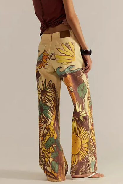 We The Free Denim Playful Doodle Printed Mid Rise Pocket Wide Leg Jeans