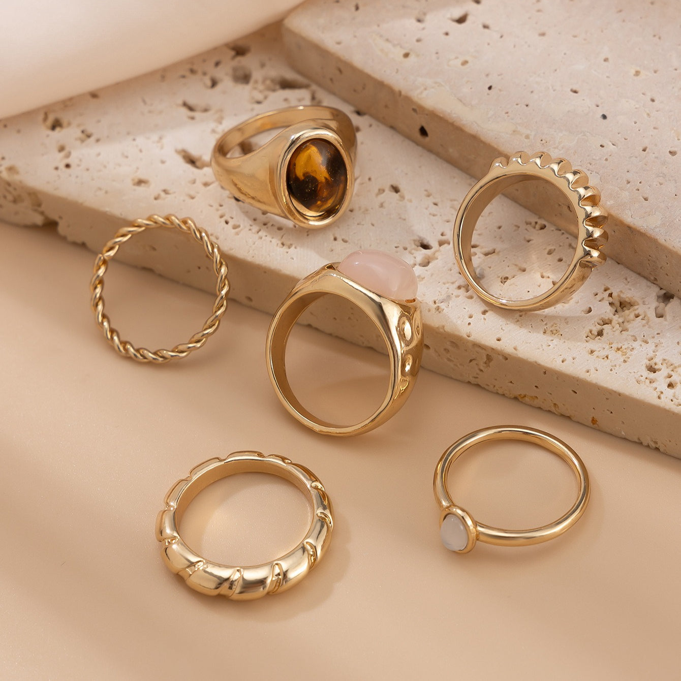 6-Piece Irregular Gemstone Metal Ring Set