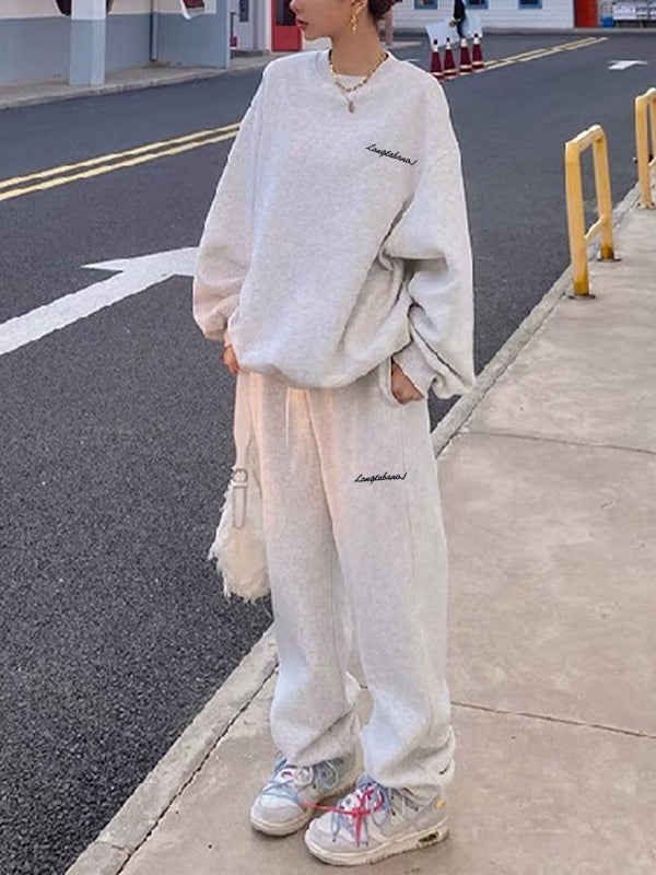 Solid Crew Neck Sweatshirt & Bound Feet Sweatpants Set