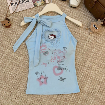 Self tie ruffle " hello kitty " pattern top  | Festival Outfits Women