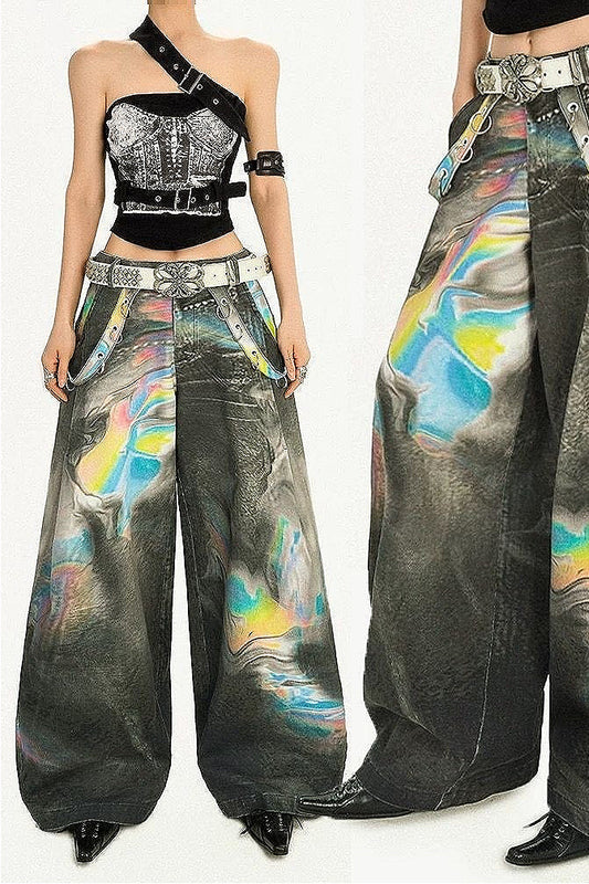 Cyber Punk Tie Dye Wide Leg Denim Pants