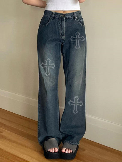 Washed Cross Print Boyfriend Jeans
