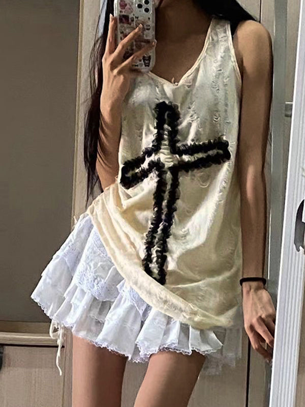 Tattered Cross Embellished Loose Cami Top