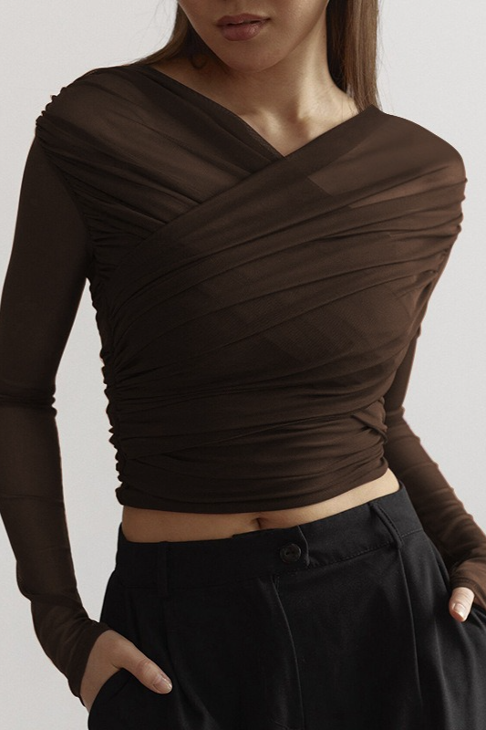 Solid Mesh Ruched Sexy Long Sleeve Crop Top