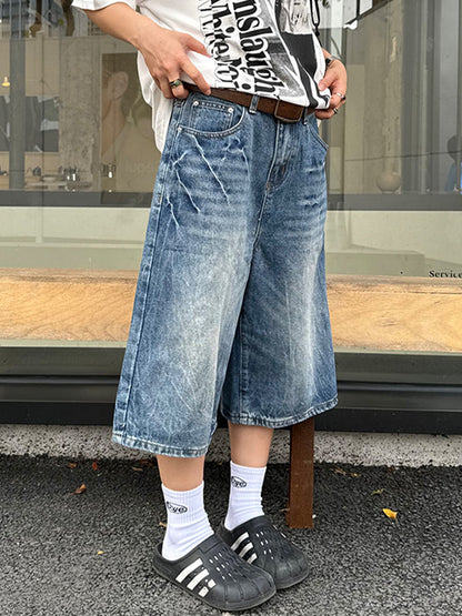 Vintage Washed Lightning Bolt Pattern Denim Shorts
