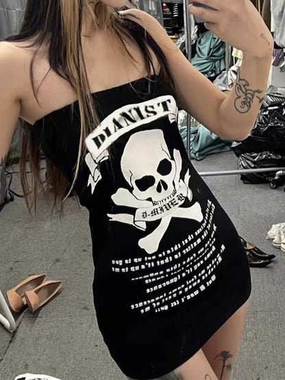 Skull Print Bandeau Slim Mini Dress
