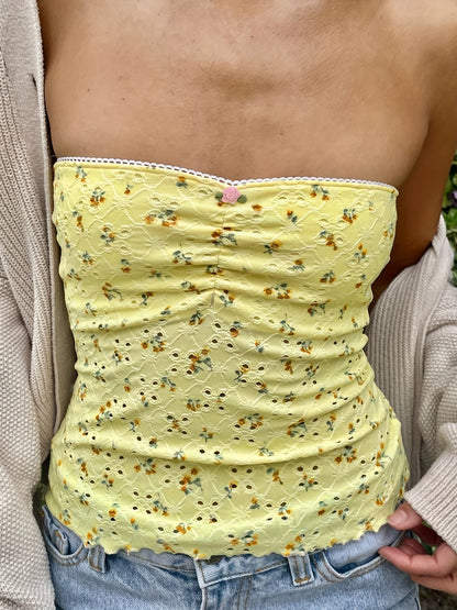 Floral Pattern Eyelet Tube Top, Y2K Ruched Strapless Slim Top For & Summer, Clothing