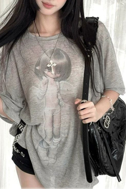 Vintage Angel Print Loose Sunscreen T-shirt