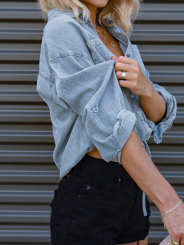 Vintage Dual Pocket Drawstring Denim Blouses&Shirts