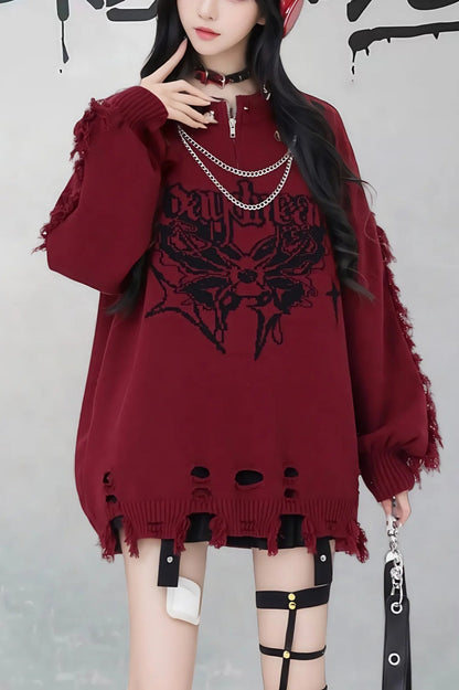Gothic Y2K Subculture Rivet Print Ripped Loose Knit Sweater