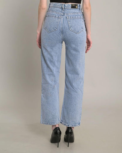 High-Waisted Rhinestone Paneled Straight-Leg Casual Jeans