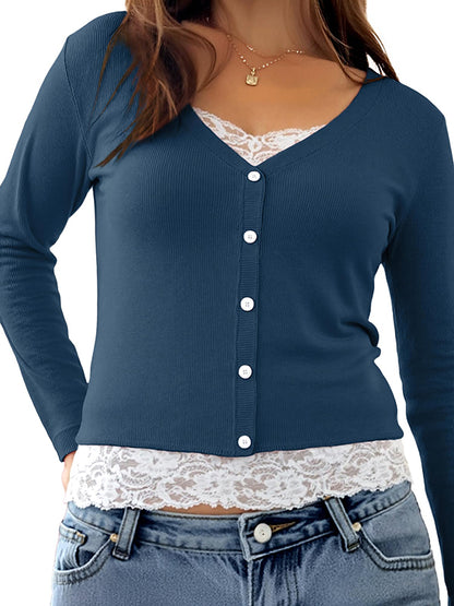 Fake Two Piece Lace Long Sleeve Tee