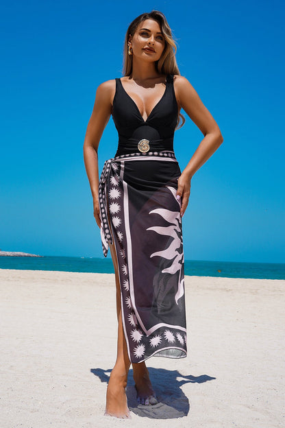 Printed Swimsuit with Wrap Skirt Three Piece Swim Set