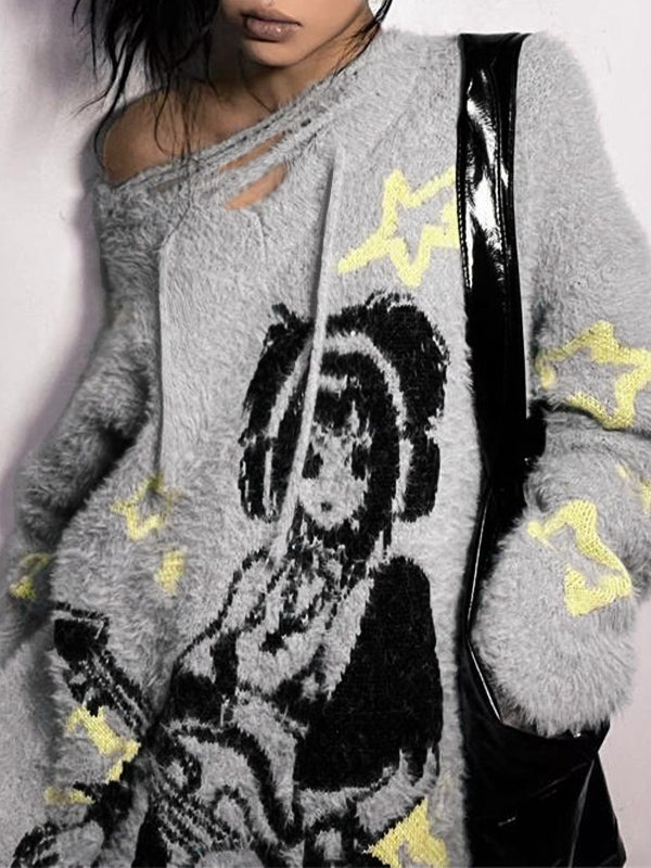 Anime Print V Neck Loose Sweater