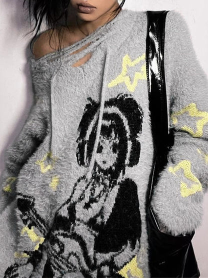 Anime Print V Neck Loose Sweater