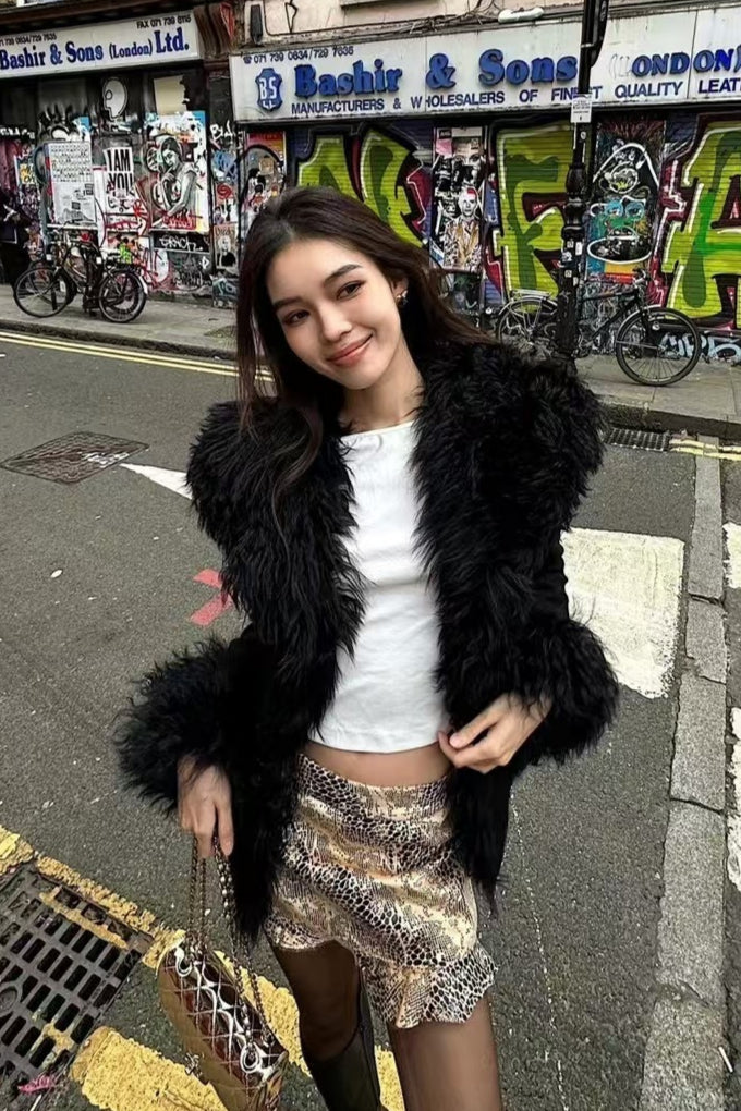 Solid Spliced PU Leather Lapel Patchwork Fur Coat