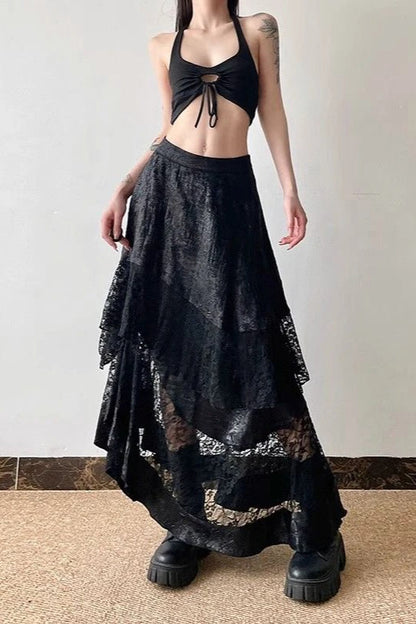 High Waist Asymmetric Lace Sheer Skirt