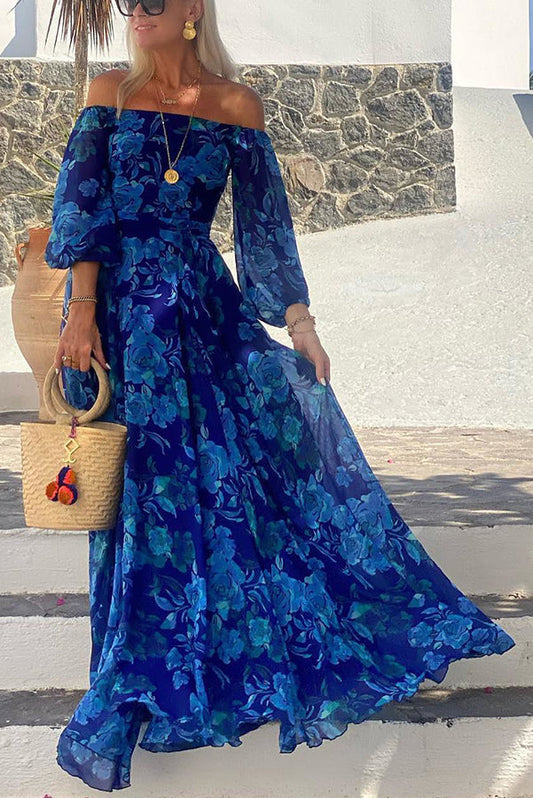 Ladies' One Shoulder Blue Flower Design Sexy Off Shoulder Back Smoke Vacation Long Dress
