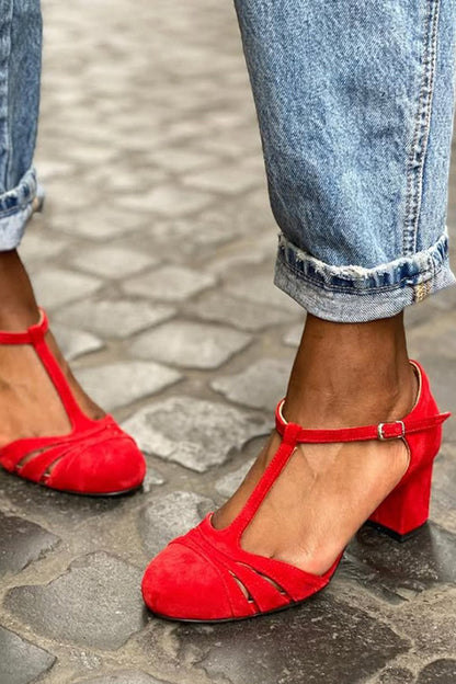 Color-blocked Faux Suede Chunky Heel Sandals