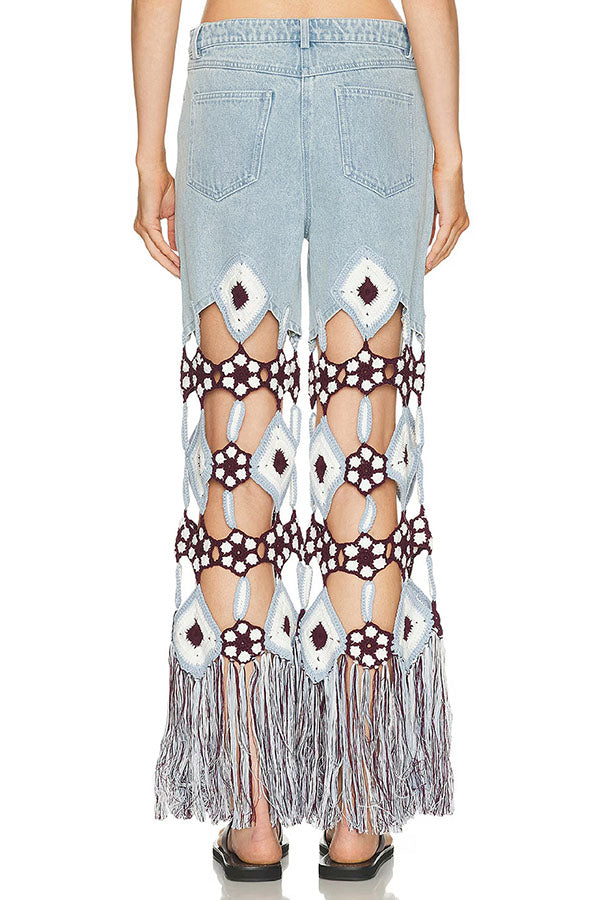 Belma Denim Handmade Embroidered Floral Crochet Detail Tassel Hem Pocket Jeans