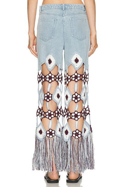 Belma Denim Handmade Embroidered Floral Crochet Detail Tassel Hem Pocket Jeans
