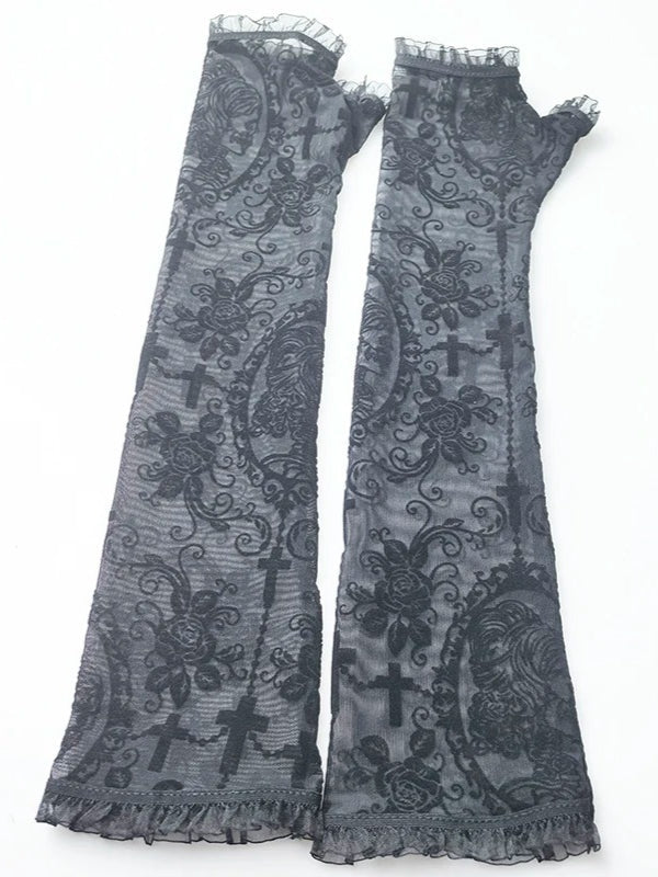Gothic Rose Print Mesh Long Fingerless Gloves